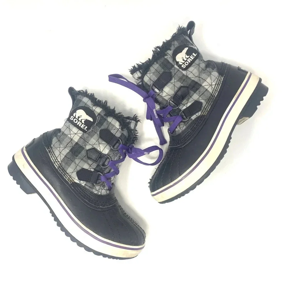 Sorel Tivoli II Leather Plaid Lace-Up Snow Boots‎ Black Gray Purple Size US 5